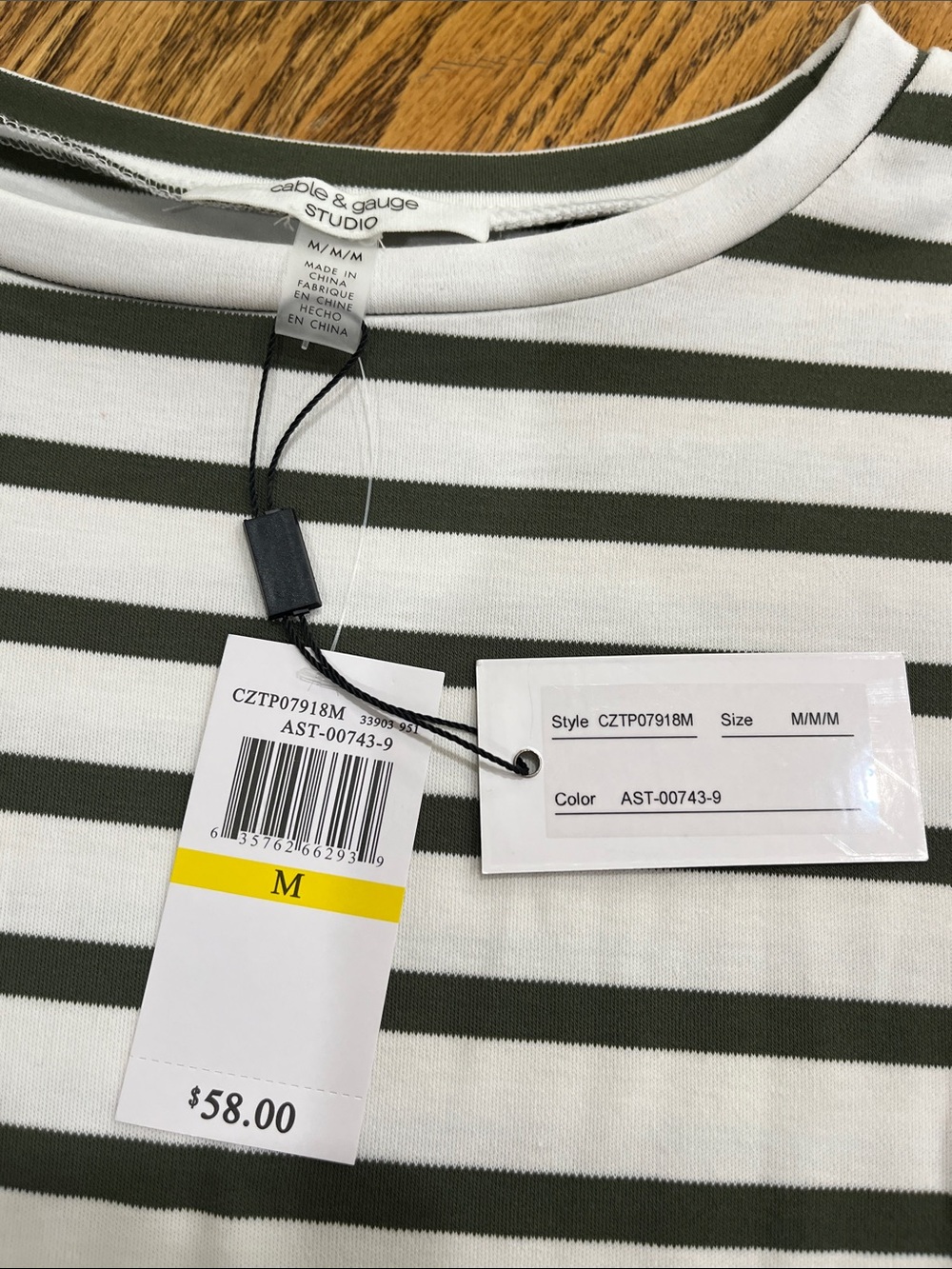 Cable & Gauge White Tee with Dark Green/Gray Stripes - Picture 3 of 6